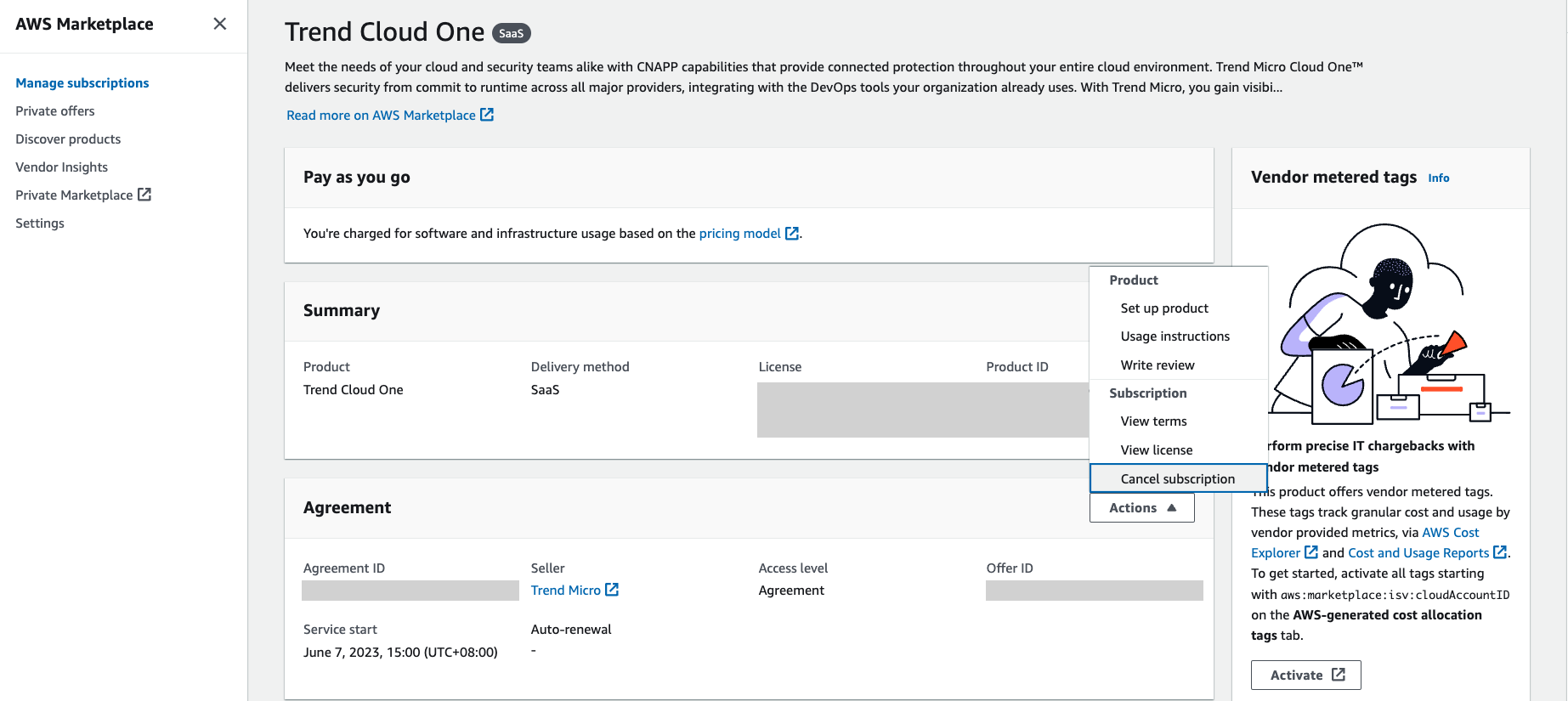 Trend Micro Cloud One subscription page with Cancel subscription displayed