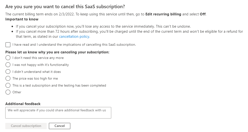 Cancel subscription confirmation message