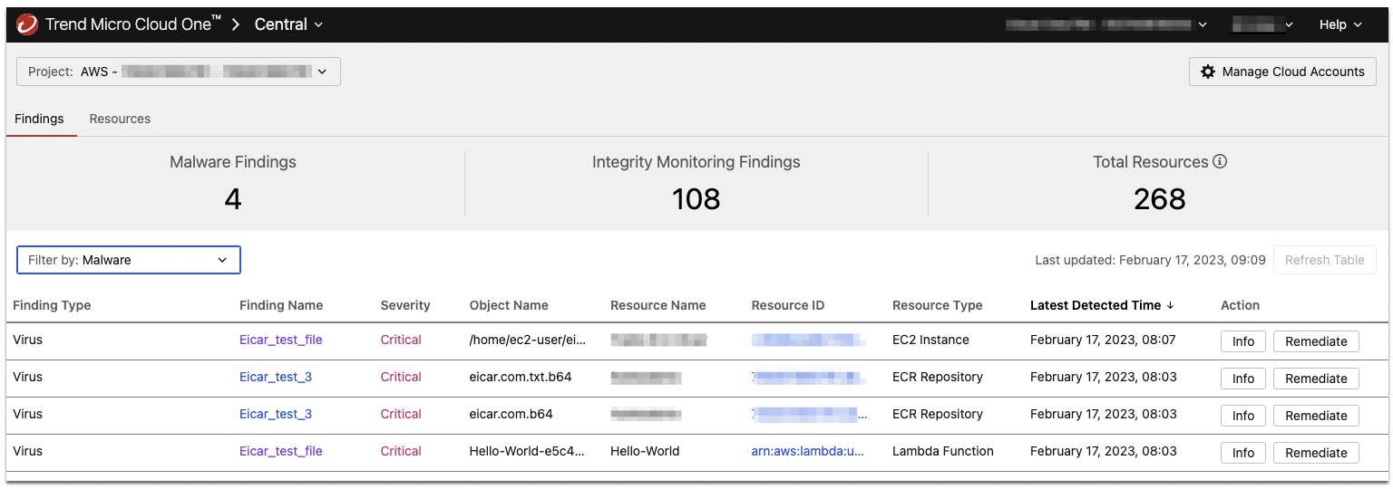 Malware findings page