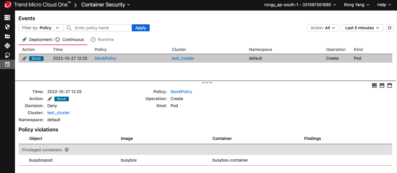 The Events page with a Block action in a policy named blockPolicy