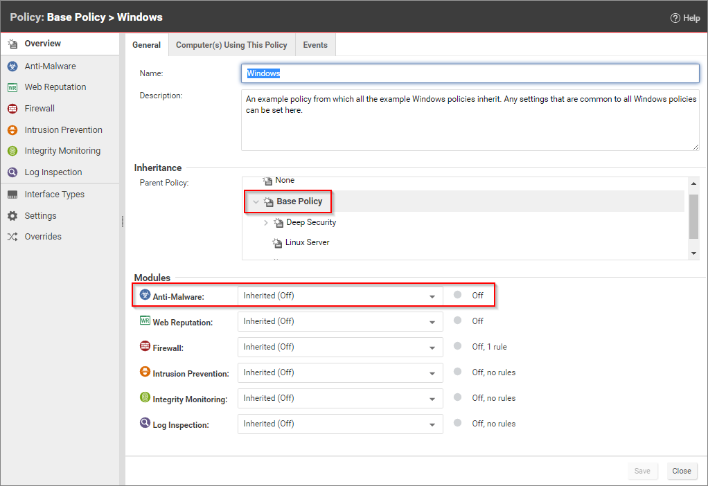 Policy with Anti-Malware set to Inherited (Off)