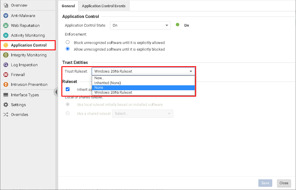 Application Control tab of the computer or policy showing "None" selected from the Trust Ruleset dropdown list