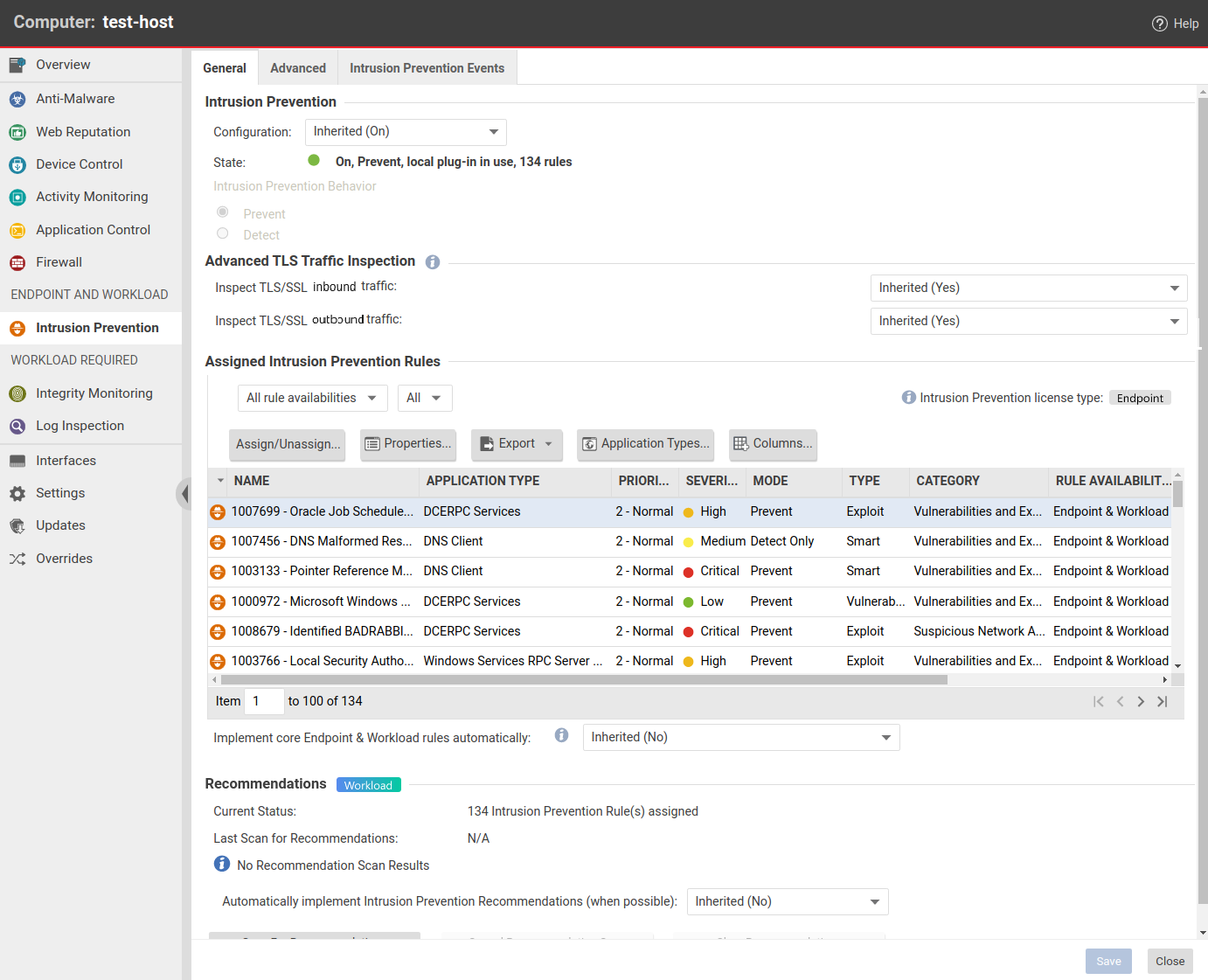 Screenshot of Intrusion Prevention settings in Computer editor