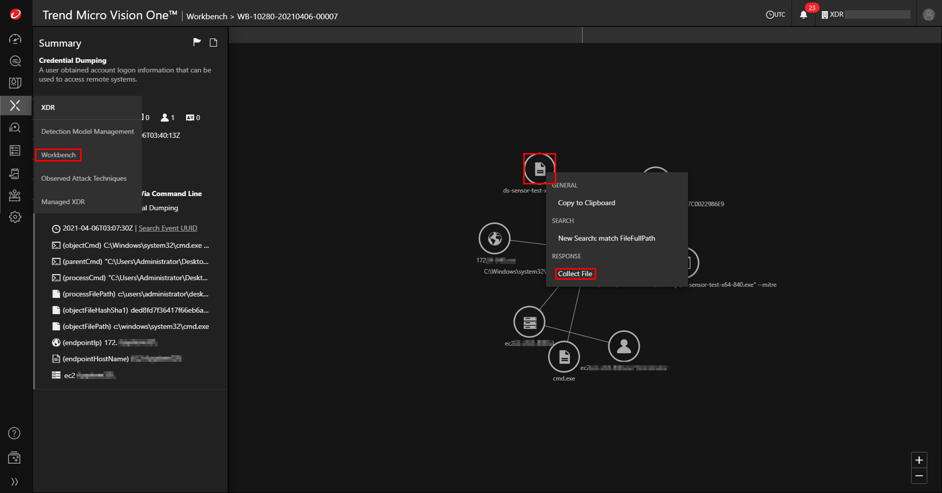 Trend Vision One Workbench with Collect File highlighted