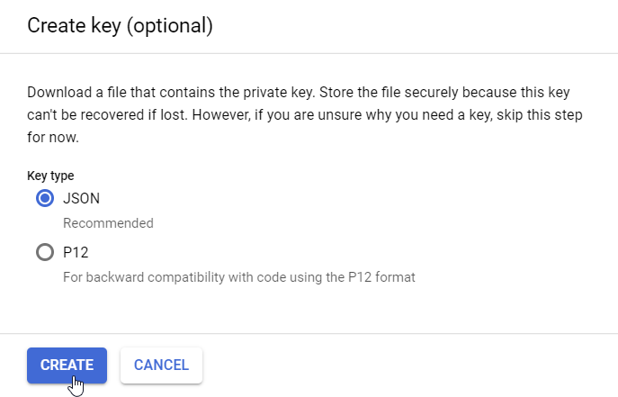 GCP Create key dialog box