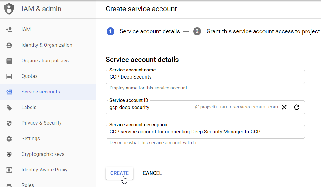 GCP window with Create service account displayed