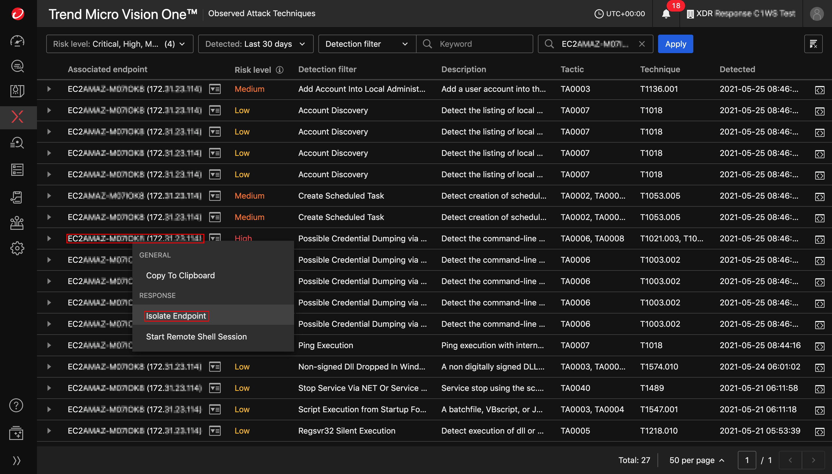 Trend Micro Vision One Observed Attack Techniques window