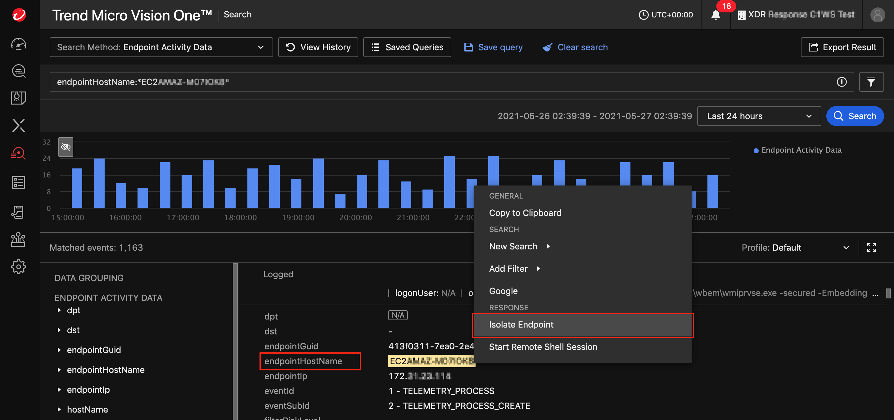 Trend Micro Vision One Search window with Isolate Endpoint highlighted