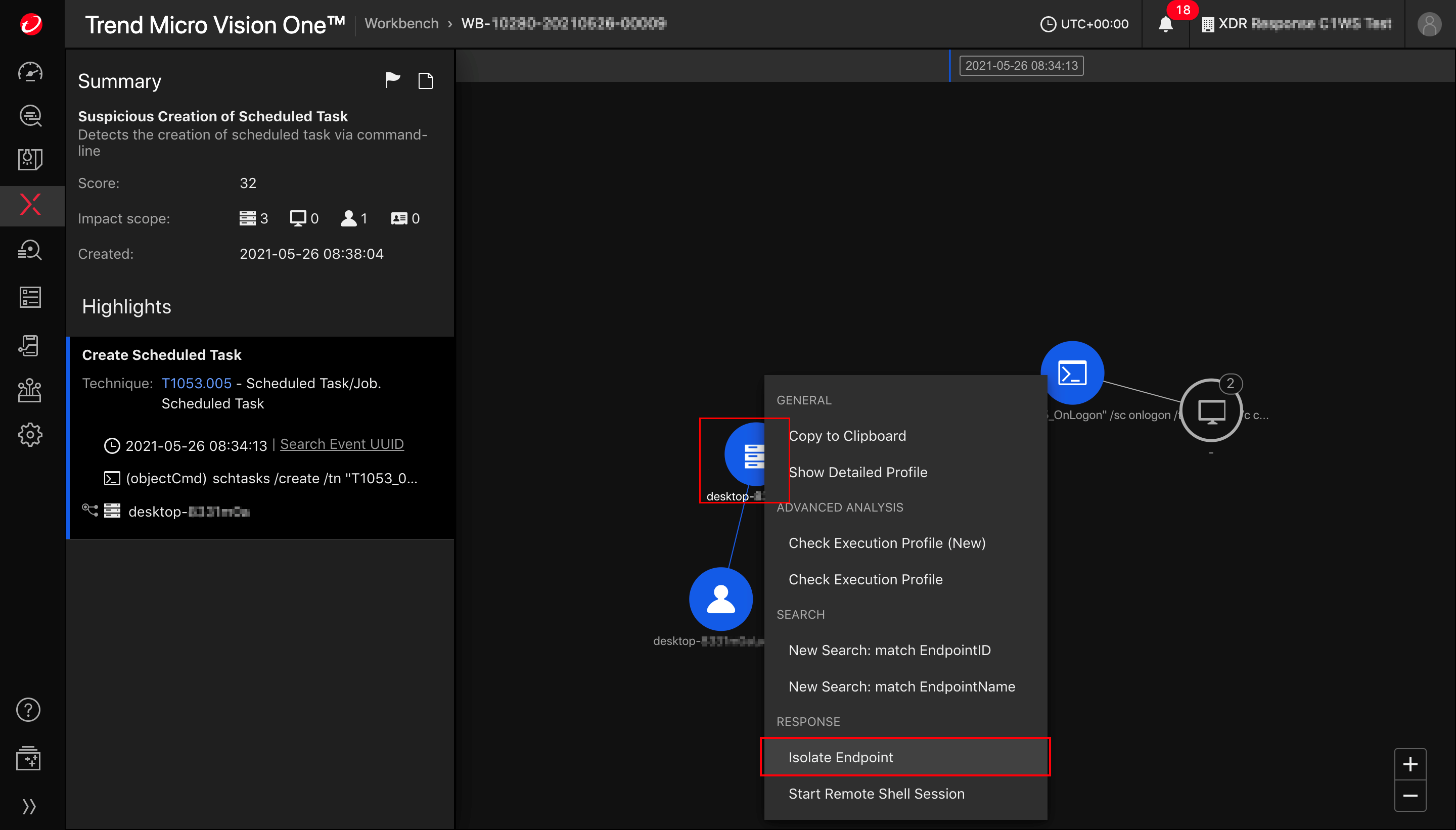 Trend Micro Vision One Workbench window with Isolate Endpoint highlighted