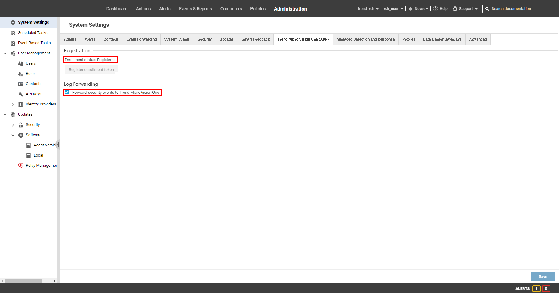 Workload Security System Settings page with Trend Vision One (XDR) tab displayed