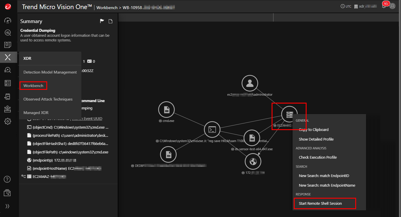 Trend Micro Vision One Workbench window with Start Remote Shell Session highlighted