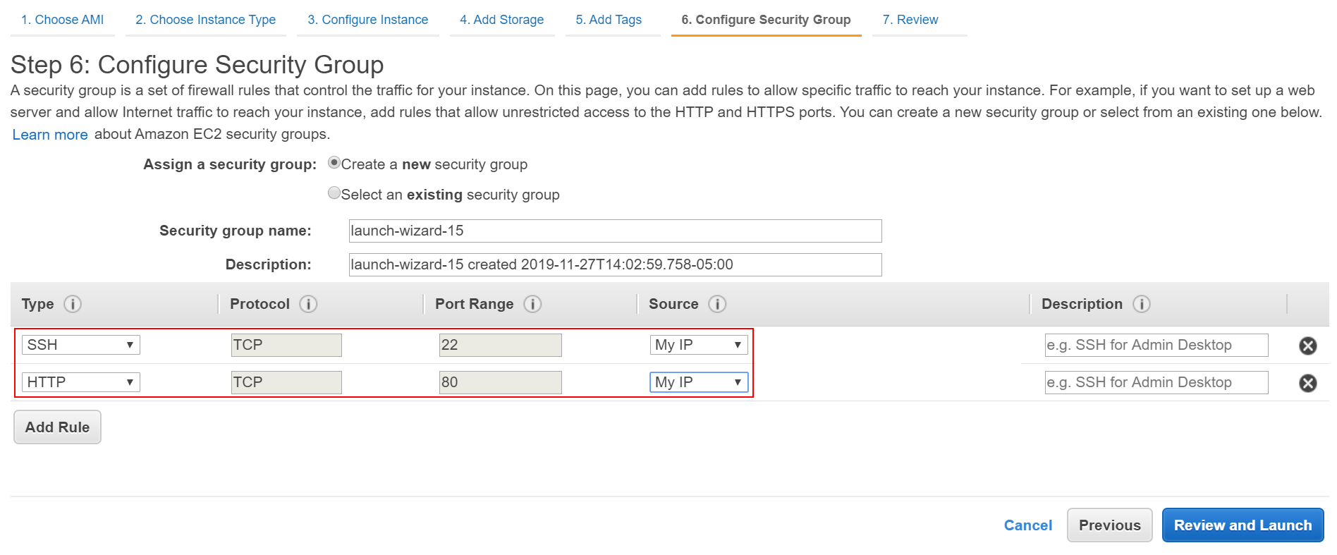 Configure Security Group page